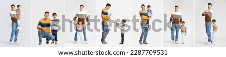 Collage of happy father and his little son on light background Royalty-Free Stock Photo #2287709531