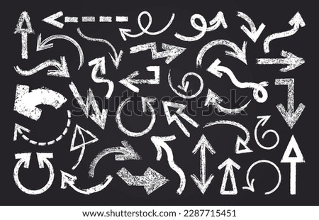 Chalk pencil arrows. Grunge texture chalk pointers, hand drawn abstract shapes. Rough charcoal arrows flat vector illustration set