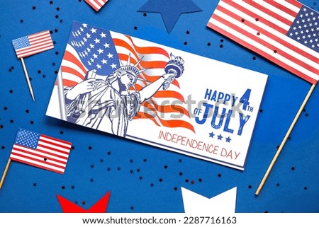 Greeting card for Independence Day, stars and USA flags on blue background, closeup