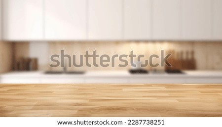 Empty beautiful wood table  top counter  and blur bokeh modern kitchen interior background in clean and bright, Ready,white background, for product montage Royalty-Free Stock Photo #2287738251