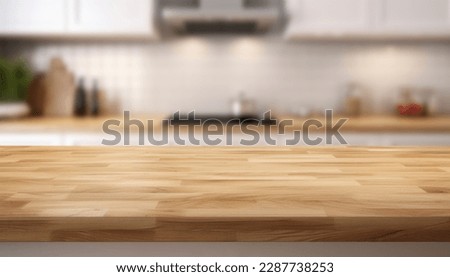 Empty beautiful wood table  top counter  and blur bokeh modern kitchen interior background in clean and bright, Ready,white background, for product montage Royalty-Free Stock Photo #2287738253