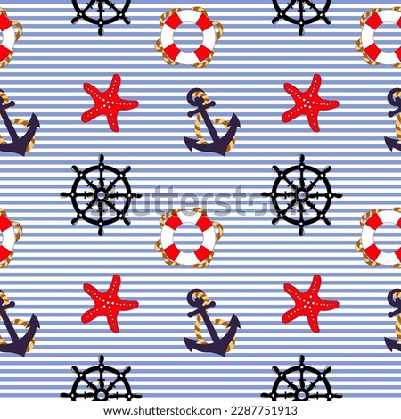 Nautical seamless pattern, anchors, seagulls, lifebuoy, steering wheels, ships on a striped background. Background, print, vector