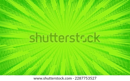Comic background. Pop art texture. Starburst cartoon style. Anime design with explosion effect for print. Fun dot pattern. Green backdrop with halftone gradient. Funny line frame. Vector illustration Royalty-Free Stock Photo #2287753527