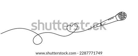 One Continuous line drawing wired microphone with heart in microphone wire on white background. Creative minimal design. Vector illustration 