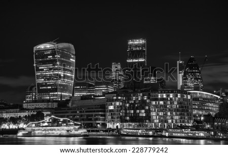 Beautiful black and white image of London City at night with lovely tones and grades