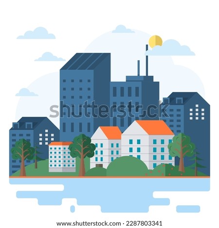 Landscape with nature and architecture. City street with houses and greenery on river bank. District with residential building and green spaces. Multi-apartment buildings of different heights in town