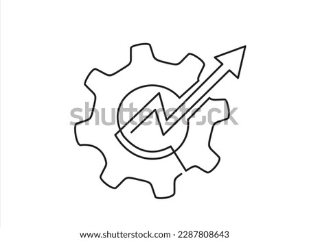 Continuous One line drawing of gear with arrow up inside. Simple lineart style trend modern development logotype art design isolated on white. 