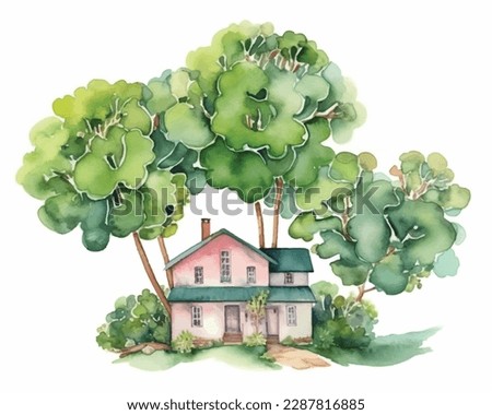 watercolor beautiful house with trees and flowers on white background