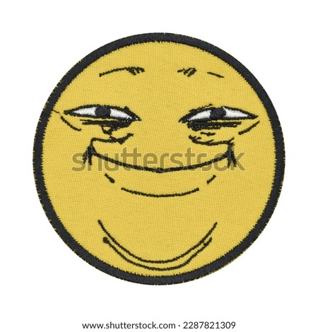 Embroidered patch with smile face. Accessory for metalheads, punks, rockers, bikers, satanists, emo, street aggressive subcultures. Royalty-Free Stock Photo #2287821309