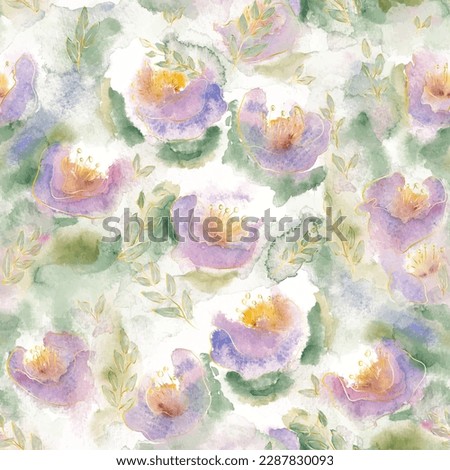 Botanical art seamless pattern with flowers and leaves. Modern creative design watercolor texture. Vector illustration.