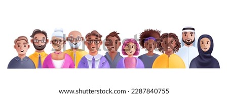 3D diverse people avatar set, business person vector group, multicultural character student crowd. Office team, happy man, smiling woman cartoon society concept. Diverse people community work banner