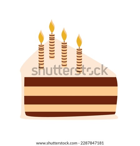 Slice of birthday cake with candle. Happy Birthday greeting card design element. Piece of cake. Vector clip art illustration.