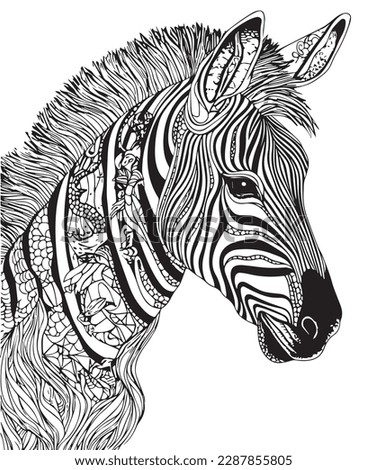 Hand drawn vector coloring page of zebra. Coloring page for kids and adults. Print design, t-shirt design, tattoo design, mural art, mandala art.