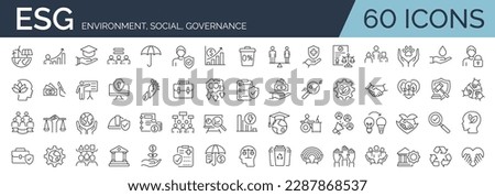 Set of 60 line icons related to ESG, ecology, environment, social, governance. Otuline icon collection. Editable stroke. Vector illustration. Royalty-Free Stock Photo #2287868537