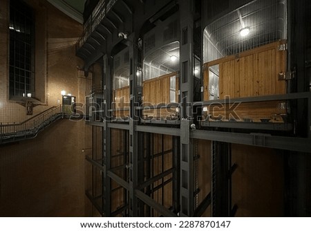 View of the big elevators of the ancient tunnel below the river Elbe in Hamburg in Germany