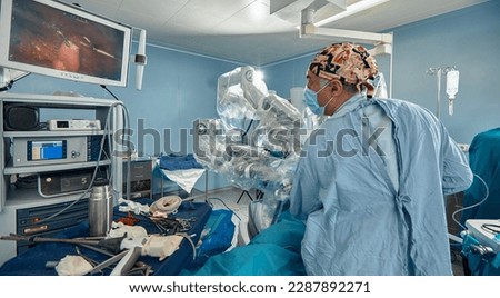 Surgery Da Vinci. Minimally invasive robotic surgery with the da Vinci surgical system. medical robot. Robotic Surgery. Robot-assisted medical operation. Medical operation involving robot. Royalty-Free Stock Photo #2287892271