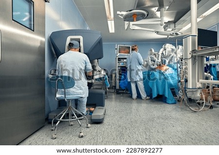 Surgery Da Vinci. Minimally invasive robotic surgery with the da Vinci surgical system. medical robot. Robotic Surgery. Robot-assisted medical operation. Medical operation involving robot. Royalty-Free Stock Photo #2287892277
