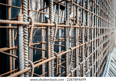 close up Reinforced steel bars are being prepared for a concrete foundation Royalty-Free Stock Photo #2287894699