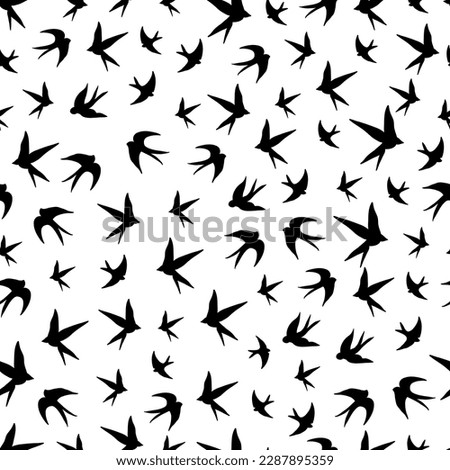 Swallows birds black silhouette on white background seamless fabric design pattern
