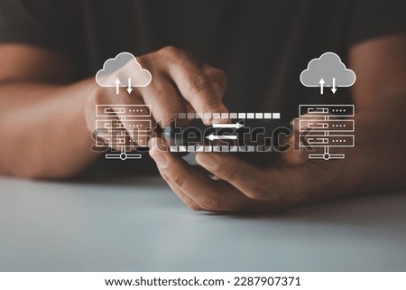 Data transfer and Cloud computing concept, internet server connection. Hand touch on mobile smartphone to transfer data to a server or hosting service. File sharing isometric. Storage or Backup data.