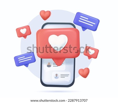 3D social communication, love chat. Smartphone with like, chat heart emoji. Digital marketing SMM, love, like 3D icons set. App design, 3D render vector illustration Royalty-Free Stock Photo #2287913707
