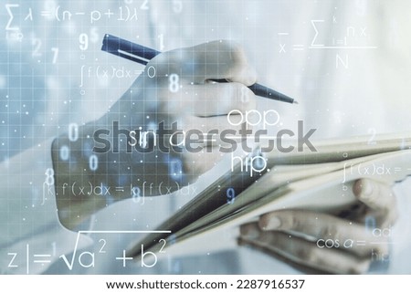 Double exposure of creative scientific formula concept with man hand writing in notebook on background, research and development concept