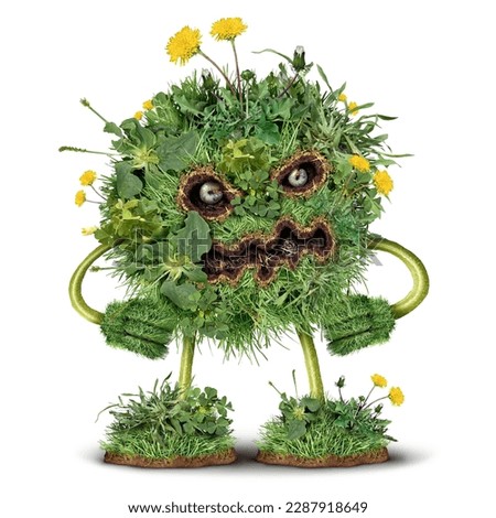 Lawn Weeds character and weed monster as dandelion with clover crab grass pest weeds problem as a symbol for herbicide use in the garden or gardening for lawn care and grubs destroying roots.