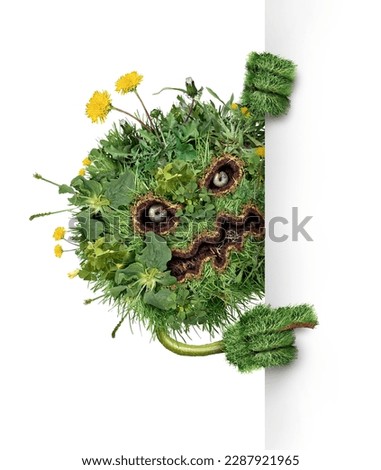 Lawn pest character and weed monster as dandelion with clover crab grass weeds problem as a symbol for herbicide use in the garden or gardening for turf disease care with chinch larva grubs.