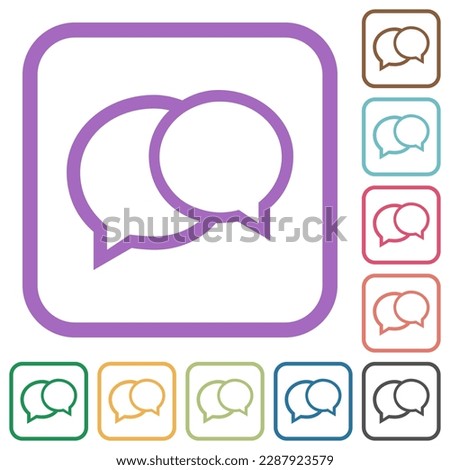 Two oval chat bubbles outline simple icons in color rounded square frames on white background