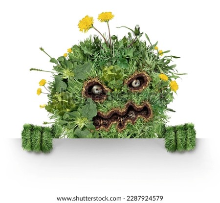 Lawn Weed monster and as dandelion with clover crab grass pest weeds problem as unwanted plants as a symbol for herbicide use in the garden or gardening for lawn disease care with chinch larva grubs.