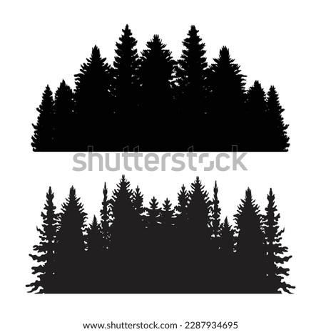 Beautiful hand drawn forest fir trees silhouettes, coniferous spruce horizontal background pattern, Black evergreen woods vector illustration