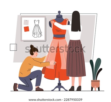 Fashion designer concept. Women try on red dress on mannequin. Atieloye and seamstress in workshop. Fashion and style. Manufacture of handmade clothes. Cartoon flat vector illustration