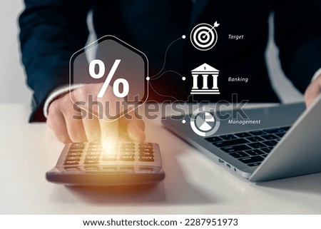 Percentage of revenue calculator, financial business showing icons, target, banking or virtual bank, money management, interest rate, income and return, investment fund, dividend tax, retirement.