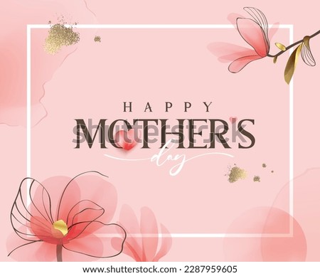 Happy Mother's Day Calligraphy abstract art background vector. Luxury minimal style wallpaper with golden line art flower and botanical leaves, watercolor. Vector background for banner, poster. Royalty-Free Stock Photo #2287959605