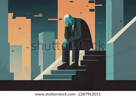  2D flat illustration, Depressed and tired businessman sitting at stair in city , Trendy vector style ,Flat vector illustration