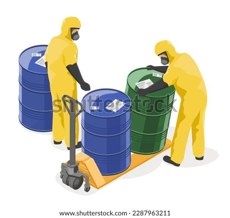 Hazardous Waste Disposal concept isometric workers in Yellow Hazard Suit using Handlift to move danger chemical tank in industry zone illustration isolated cartoon vector Royalty-Free Stock Photo #2287963211