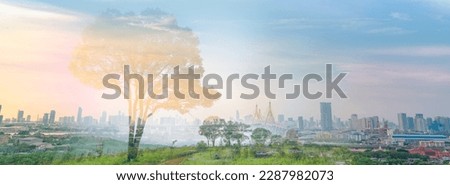 Sustainable city. Eco-friendly building. Low carbon city. Green city. Eco-friendly urbanization. Sustainable development. Urban biodiversity. Panorama views cityscape with trees and forest in city. Royalty-Free Stock Photo #2287982073