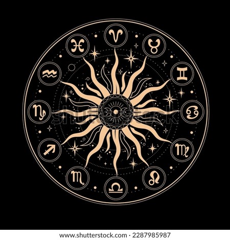 Golden round astrological calendar with zodiac signs