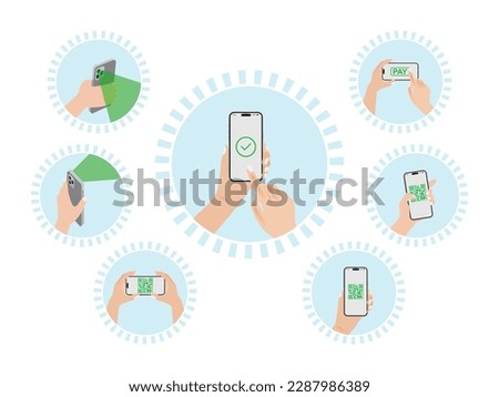 Set of illustrations of smart phone payments. Mobile wallets, mobile payments through apps, hand Cashless QR Code payment and contactless payment.Vector.