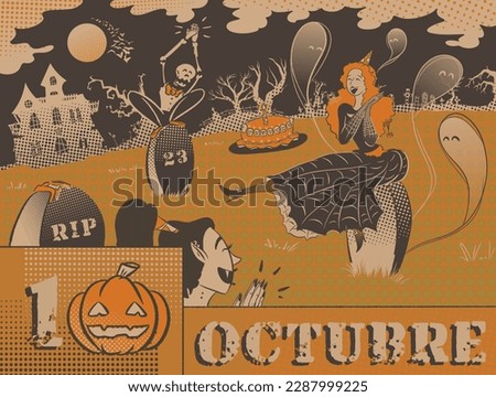 Digital illustration of a Halloween poster of a witch, a vampire and a skeleton celebrating a spooky birthday in a graveyard at night in full moonlight in front of an abandoned house