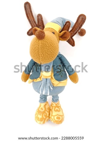 christmas rain deer doll in blue and yellow outfit front view