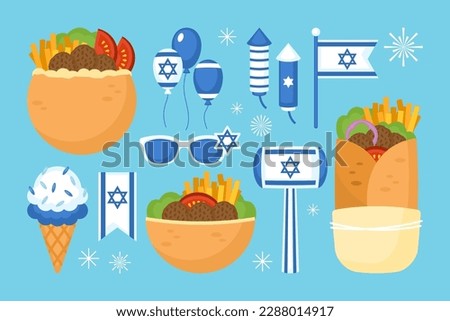 Israel Independence day element set with falafel in pita bread and holiday decorations. Vector illustration