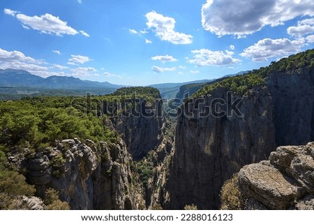 Panorma landscape of Tazı Kanyonu (aka Eagles Canyon, Tazi Canyon) and Bilgelik Vadisi (aka Wisdom Valley). Located in Köprülü Canyon National Park, Antalya, Turkey