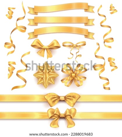Holiday collection of realistic gold ribbons and bows for gift decoration isolated vector illustration