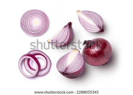 Fresh red onion and cut in half sliced isolated on white background, top view, flat lay. Royalty-Free Stock Photo #2288035345
