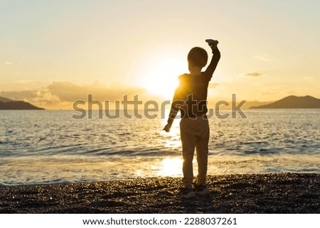 Little boy walks on a pebble beach at sunset. Rest and relaxation. Silhouette.