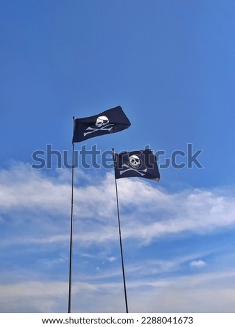 Two waving pirate flag, skull and crossbones 