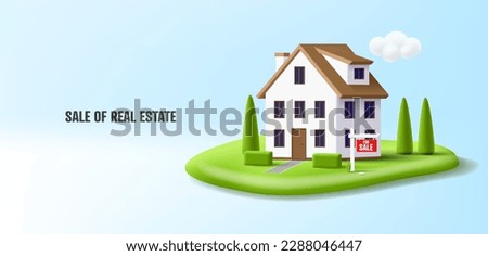 real estate 3d illustration of house with for sale sign on green grass island, real estate agency website banner