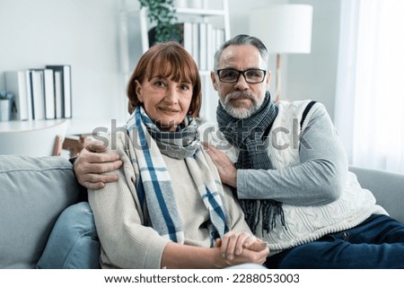 Portrait of Caucasian senior elderly couple sit on sofa in living room. Loving older mature grandmother and grandfather hugging each other enjoy retirement life together then look at camera in house.