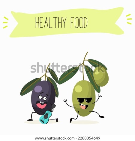 Illustration with funny characters olives. Funny and healthy food. Vitamins, cute face food, ingredients, vegetarian, vector cartoon, agriculture, raw.